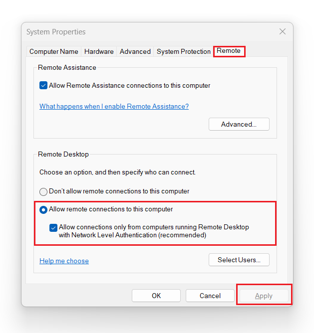 Allowing remote connection in Sys Properties