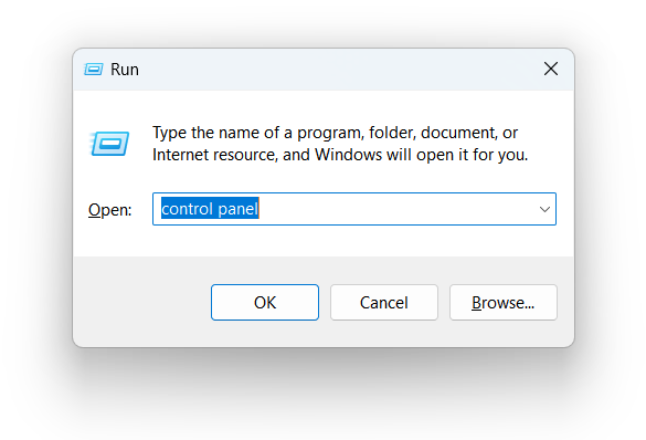 Control panel with run box