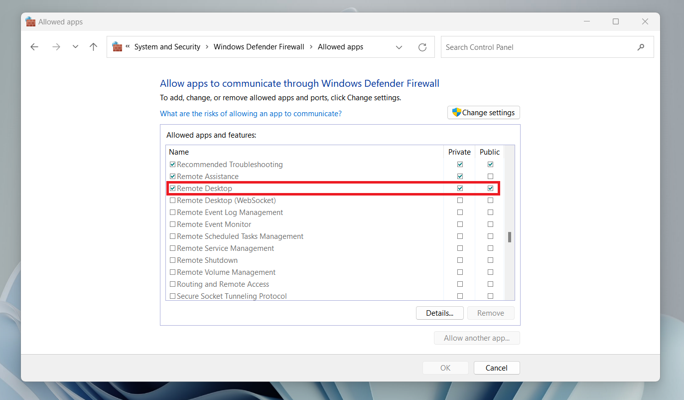 Enabling Remote Desktop in Firewall Settings