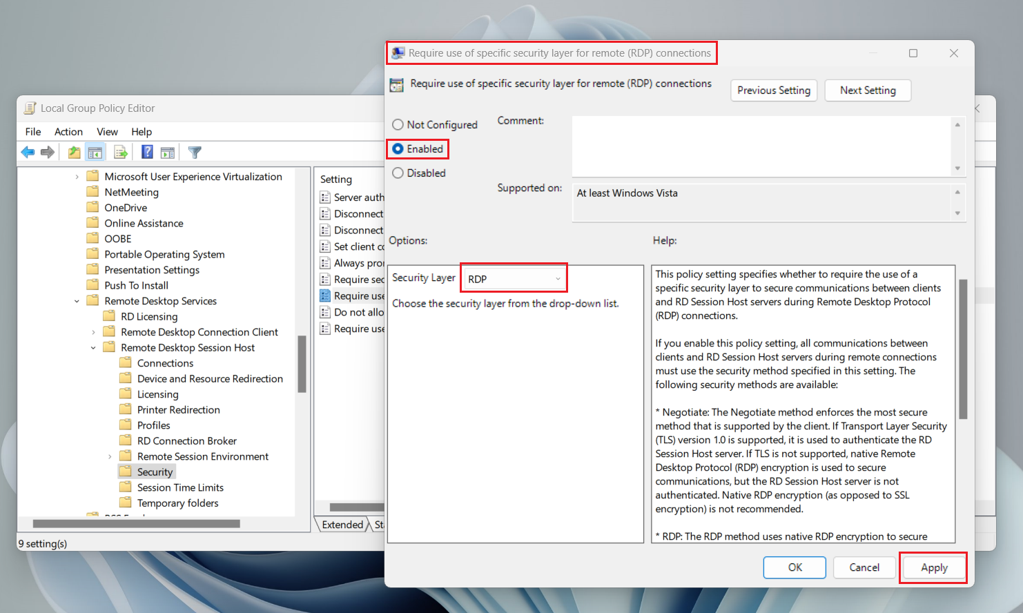 Enabling RDP Security Layer