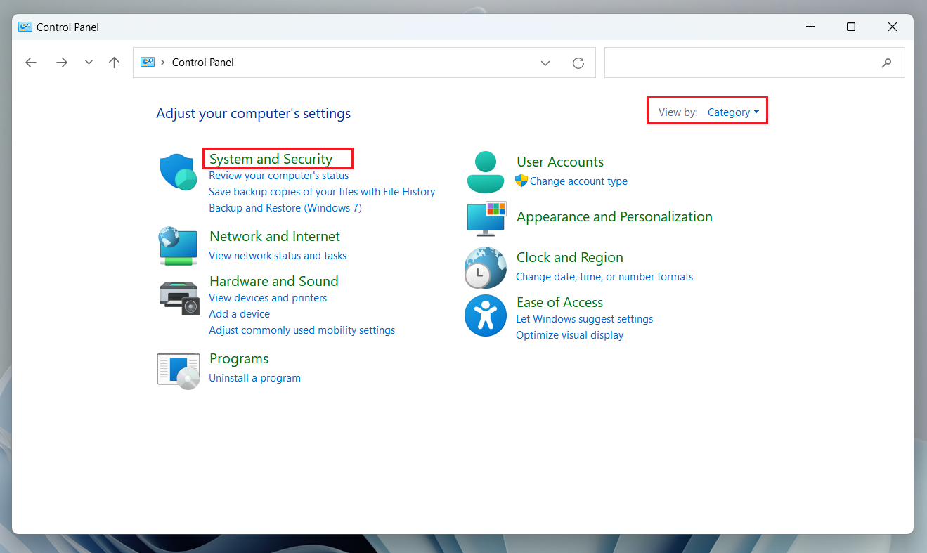 System and security in Control panel