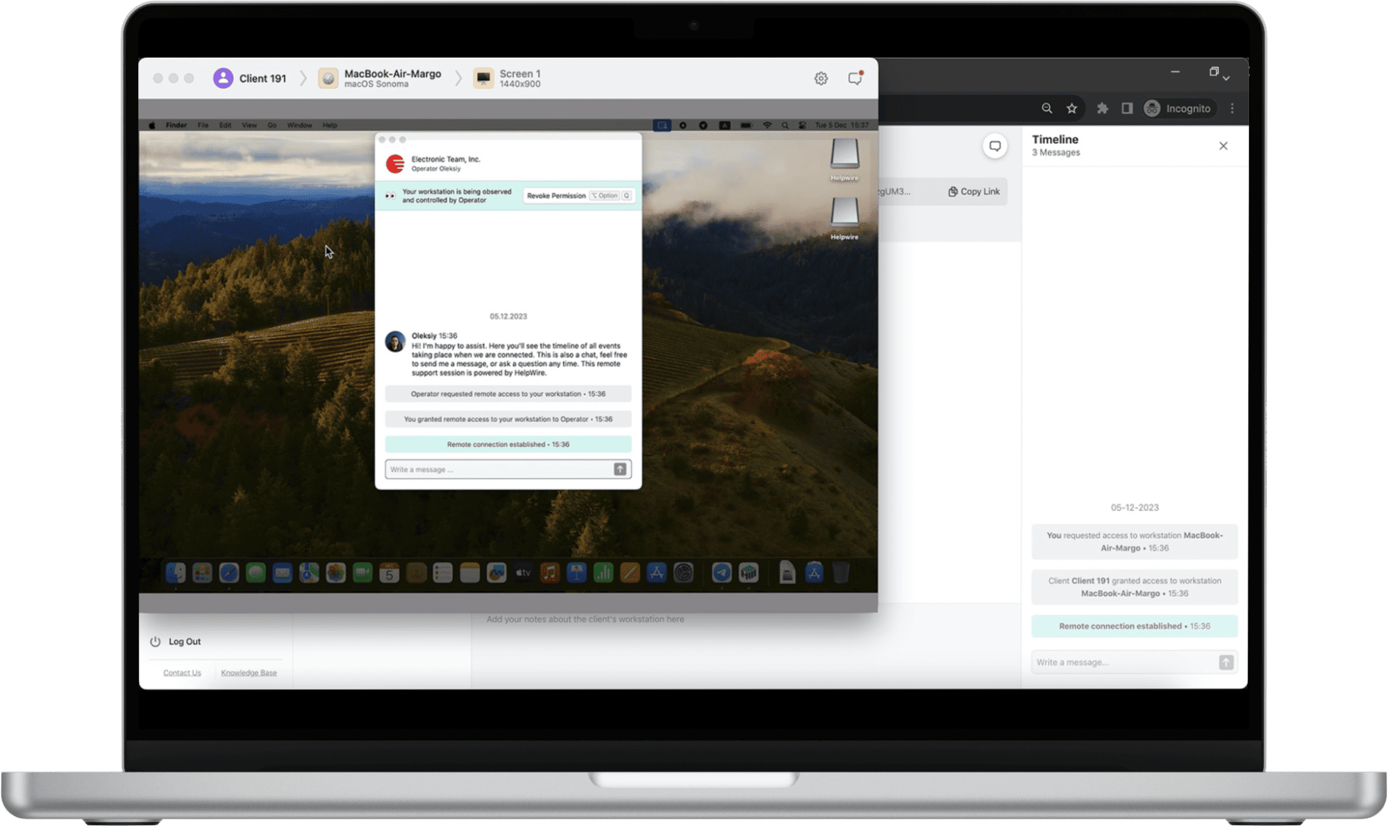 After access is granted, use HelpWire’s interface to remotely control the client’s computer to resolve their issue